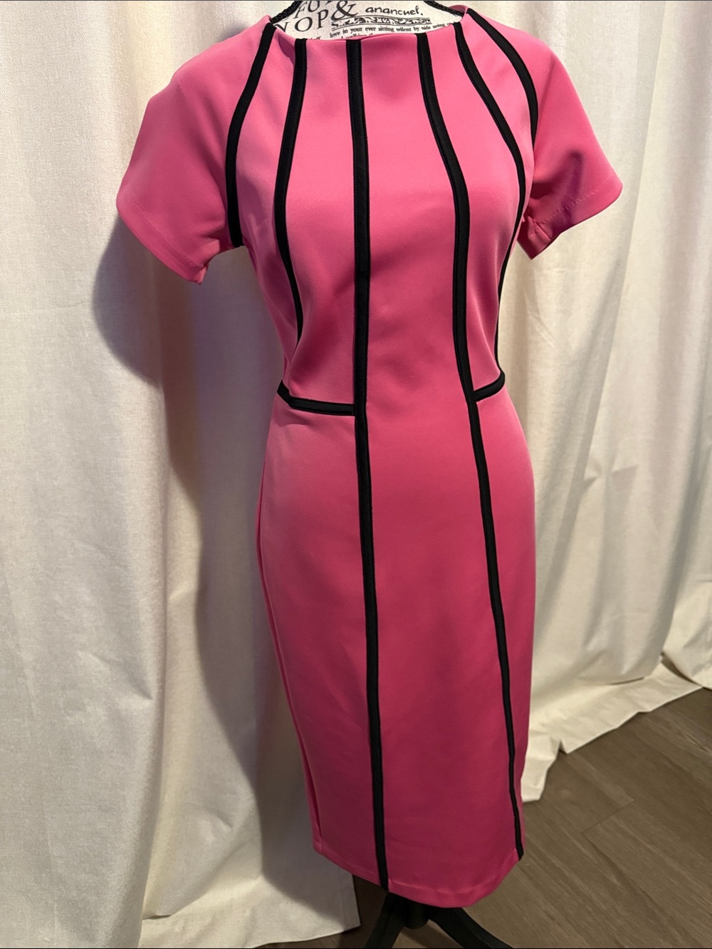 New York & Company Pink Sheath Dress Black Contrast Trim Stretch Size Small